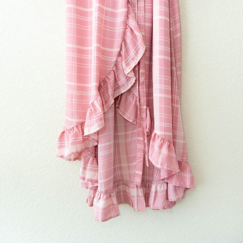 Mi Ami Pink Plaid Wrap Dress Womens M Ruffle Hem Midi Cottagecore Puff Sleeve - Picture 7 of 13